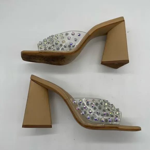 Schutz Lizah Nude Clear Rhinestone High Heel Sandals - 6.5 - Picture 10 of 13